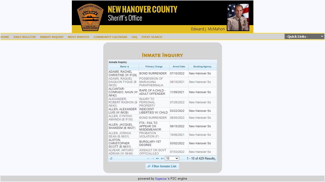 INMATE INQUIRY - New Hanover County, North Carolina